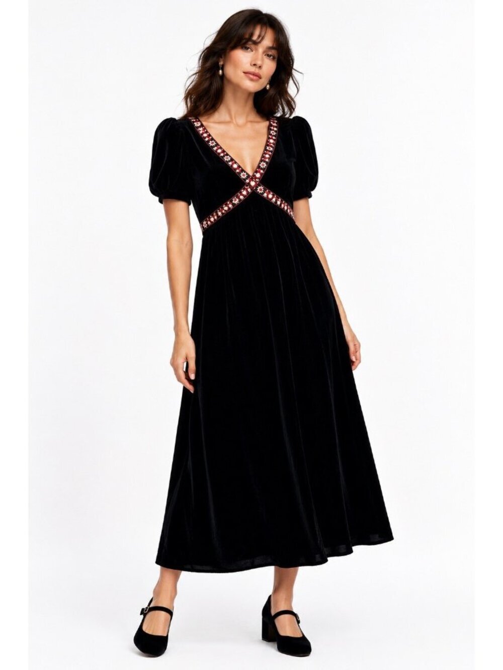 vintage 70s BLACK VELVET MAXI DRESS M scandinavian folk heart trim romantic goth